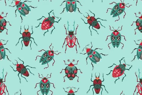Beetles seamless pattern whimsical retro art insects fantasy bugs patterned 스톡 일러스트