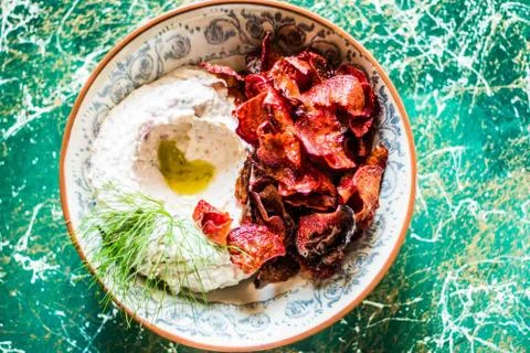 Beetroot Chips with Hummus Stock Photos