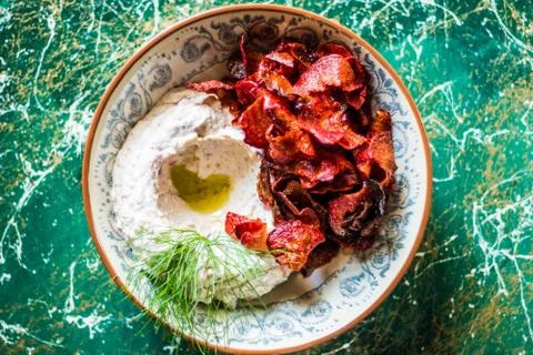 Beetroot Chips with Hummus Stock Photos