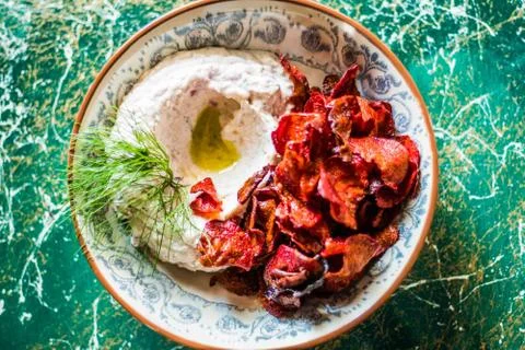 Beetroot Chips with Hummus Stock Photos