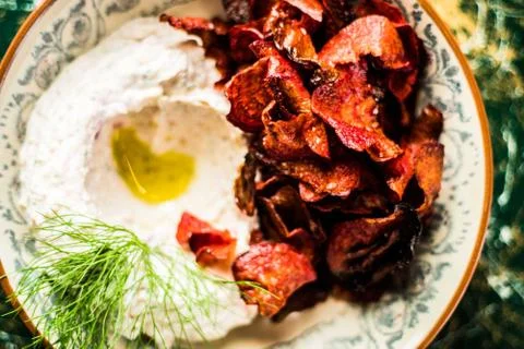 Beetroot Chips with Hummus Stock Photos