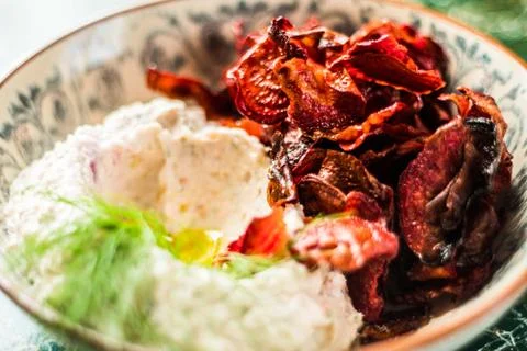 Beetroot Chips with Hummus Stock Photos