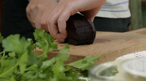 Beetroot chopping for salad, 4k Stock Footage 60777152