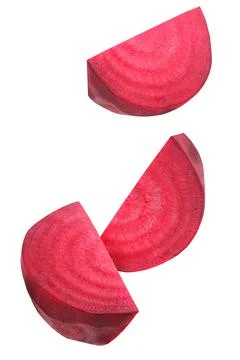 Beetroot isolated on white background. three falling pieces in the air. Stock-Fotos