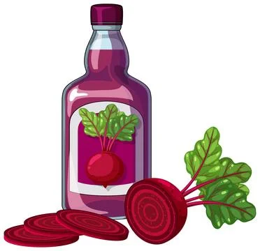 Beetroot Juice Bottle with Fresh Sliced Beets Illustration Illustrazione stock