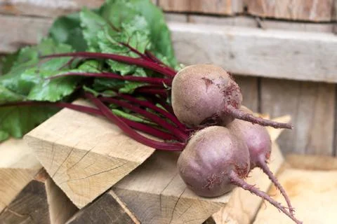 Beetroot with leaves on a wooden background. Rustic style, selective focus. Stock Photos