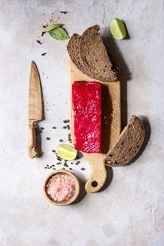 Beetroot marinated salmon Stock Photos