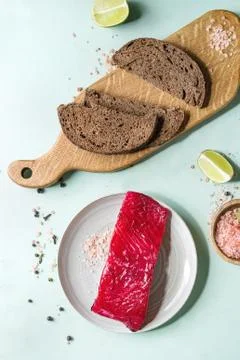 Beetroot marinated salmon Stock Photos