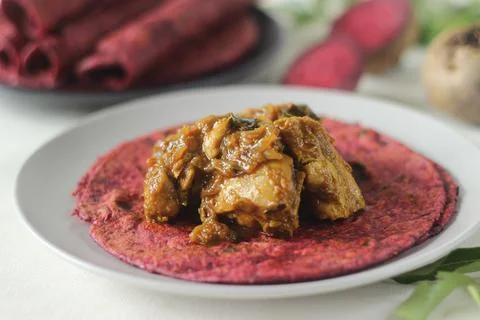 Beetroot Paratha is a Indian pan fried whole wheat flatbread made of wheat fl Stock Photos