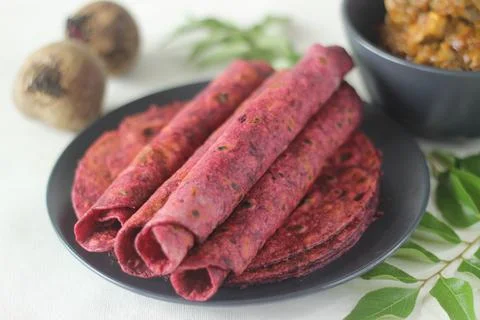 Beetroot Paratha is a Indian pan fried whole wheat flatbread made of wheat fl 写真素材