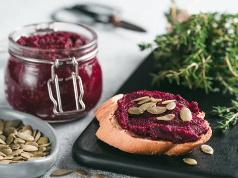 Beetroot pesto with copy space Foto stock