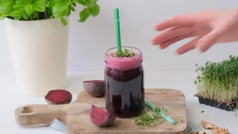 Beetroot smoothie. Vegetable smoothie. Healthy eating Stock Footage 263047904