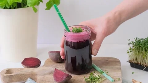 Beetroot smoothie. Vegetable smoothie. Healthy eating Stock Footage 263047906