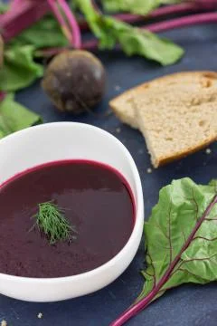 Beetroot soup with bread Stock Photos