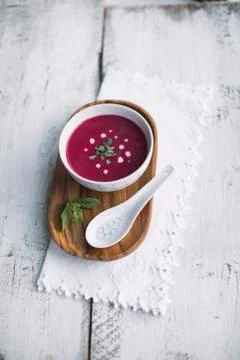 Beetroot soup with coconut and mint Stock Photos