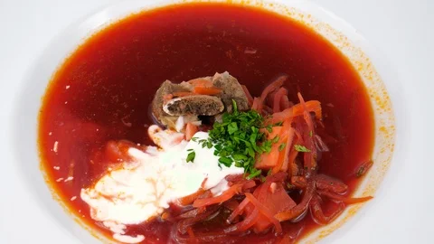 Beetroot soup or Borscht, a popular sour soup in Eastern Europe Stock Footage 95673377