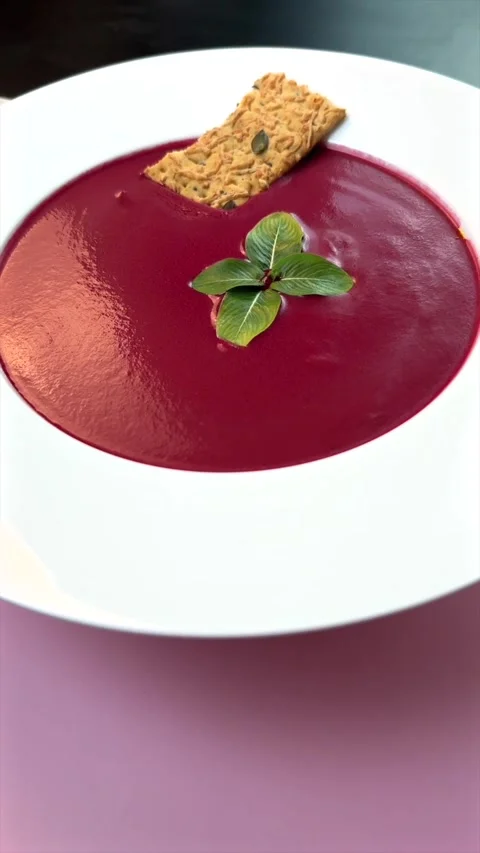 Beetroot soup served in pristine white plate contrasts strikingly with pink Stock-Footage 295445719