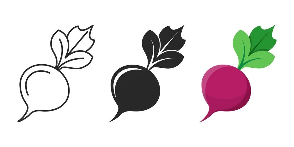 Beetroot vegetable with leaves icon set collection in flat style. Beet plan.. Stock Illustration