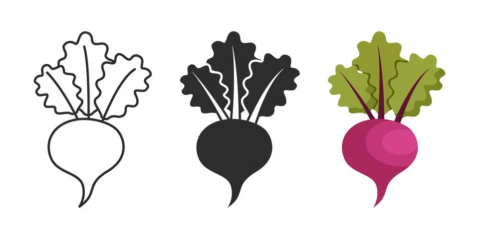 Beetroot vegetable with leaves icon set collection in flat style. Beet plan.. Stock Illustration