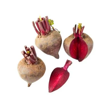 Beetroot vegetables and a half with leaf  isolated on white background. top v Stock Photos