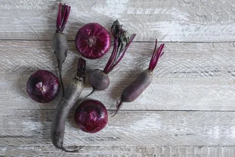 Beets are round and long, of different varieties on a wooden Board. Copy spac Stock Photos