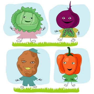 Beets, potatoes, cabbage and sweet peppers in the form of cartoon characters Stock Illustration