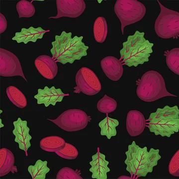 Beets Seamless Pattern on Black Background. Vector Stock Illustration