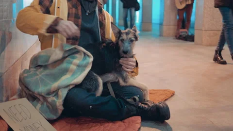 A beggar puts on a blanket while petting his dog Vidéo 168128865