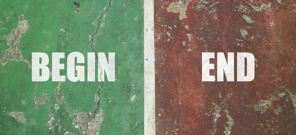 BEGIN and END text in white bold font, separated by a white vertical line o.. Stock Photos