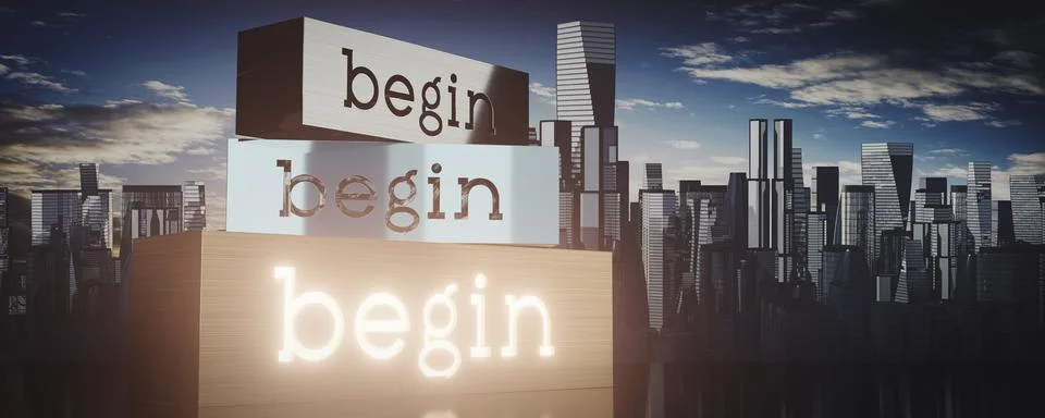 Begin concept - block shapes and skyscrapers - 3D illustration Stock Illustration