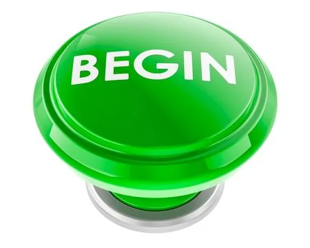 BEGIN green push button. 3D rendering Illustrazione stock