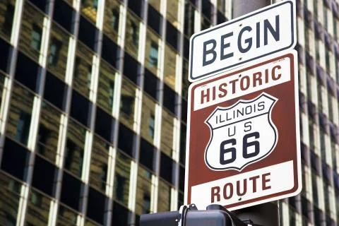 Begin of Route 66 in Chicago Stock Photos