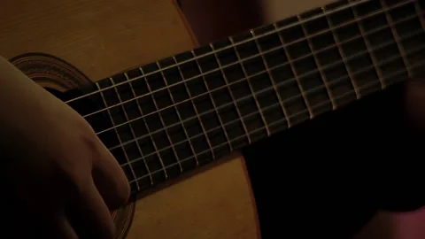 Beginner Guitar Practice, Male Hands Learning Chords on Classical Guitar  스톡 동영상 190808682