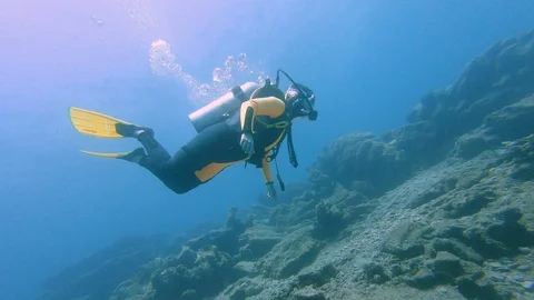 Beginner PADI diver getting her buoyancy correct Stock Footage 128769930