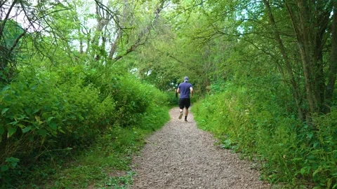 Beginner runner exercising on forest trail with determined steady pace. Middle Stock Footage 340195748