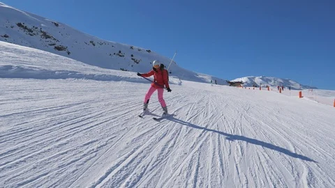 Beginner Skier Skiing Down The Mountain Slope And Learns To Turn Skis Stock Footage 91896316