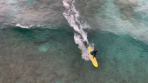 Beginner surfers learning to surf over coral reef shot from drone Video stock 124890754