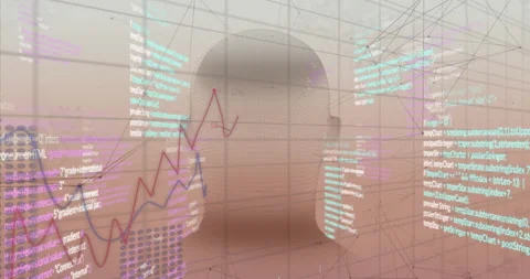 Beginning with 3D head hanging in cube, graphs oscillating, code panels Stock Footage 314473493