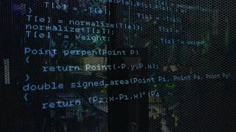 Beginning with C++ code displaying network init, highlighting geometry code, Stock Footage 317593164