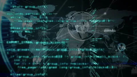 Beginning digital world map appearing code flowing rotating HUD user nodes Stock Footage 313639909
