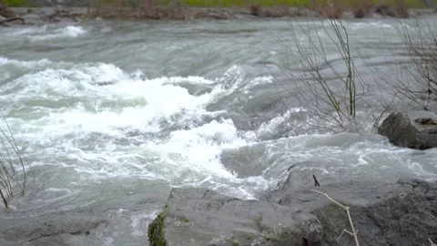 Beginning of a flood of high water river with rapids Video stock 263629614