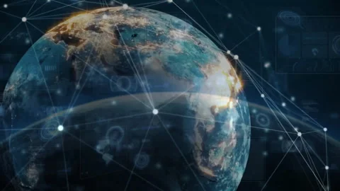 Beginning globe rotating toward Asia, data icons emerging and HUD panels mapping Stock Footage 312416874