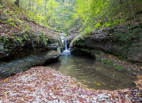 The beginning of a mountain river , a slow flow in a shallow riverbed Stock Photos