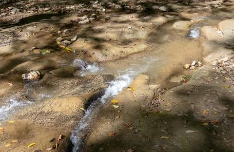 The beginning of a mountain river , a slow flow in a shallow riverbed, an aut Stock Photos