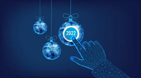 Beginning of the New Year. 2022 on the button. Polygonal hand. Clicking. Poly Stock Illustration