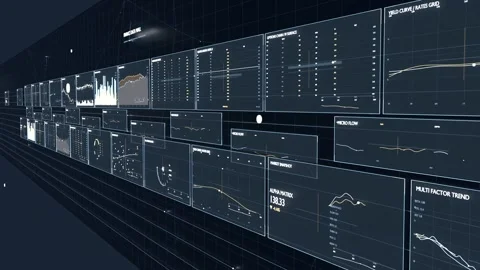Beginning oblique, camera sweeping grid corridor, revealing analytics, charts, Stock Footage 337505062