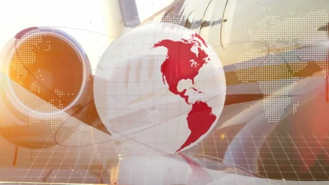 Beginning with pulsing map overlay tracing red orbit rings rotating globe Stock Footage 309683728