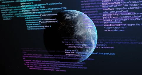 Beginning showing dark 3D Earth rotating as code scrolling and overlaying inputs Stock Footage 314744559