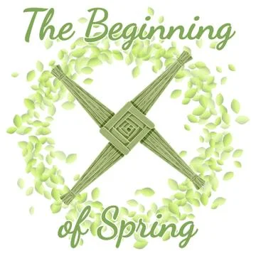 Beginning of spring holiday. Brigid's Cross in a wreath of green leaves Illustrazione stock