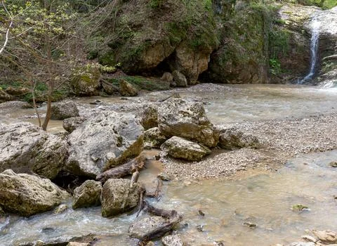 The beginning of summer, mountain river, walking along the canyon, hiking tra Stock Photos